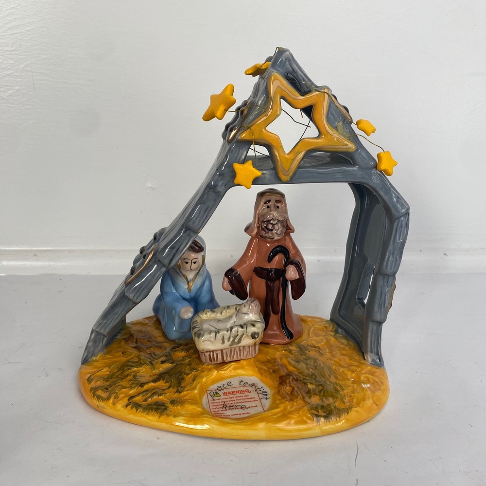 Blue Sky Ceramic Nativity Scene Tealight Holder‎ Christmas Decor 2009